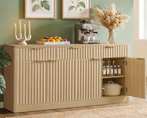 Large Buffet Cabinet with Storage & Drawers, Sideboard Cabinet with 2 Adjustable Shelves & 4 Doors, Coffee Bar Station, Kitchen Storage Cabinets, Natural