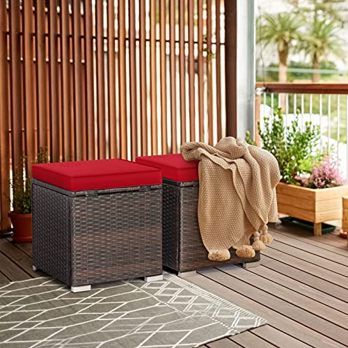Outdoor Storage Ottoman Wicker 2 Piece, Patio Ottomans PE Rattan Foot Rest Footstool with Cushions for Couch, Chair, Red
