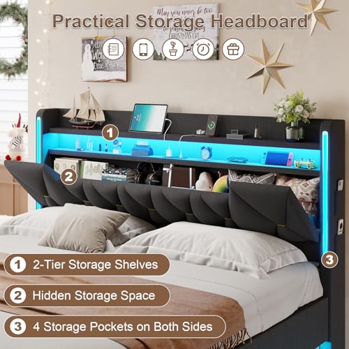 Floating Bed Frame King with Storage Headboard, King Size Bed Frame, Gray, view 4