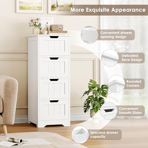 Bathroom Storage Cabinet, Set of 2, Bathroom Cabinet with 4 Drawers, 11.8” x 11.8” x 32.5” Freestanding Entryway Cupboard Storage Organizer Unit Home Furniture Decor, White