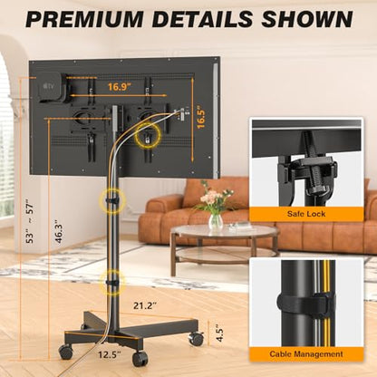 Strong Tall Rolling TV Stand for 23-65 Inch TVs up to 88 lbs, Height Adjustable &Tilt Mobile TV Cart for Optimal Viewing Angle, Portable TV Stand with Locking Silent Wheels for Home and Outdoor