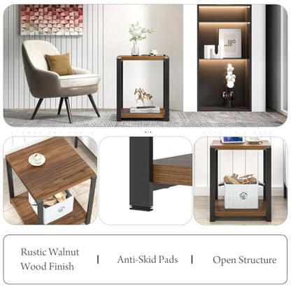 Modern End Table, Square Side Table with Storage Shelf for Living Room, Rustic Wood Night Stand for Bedroom, Walnut