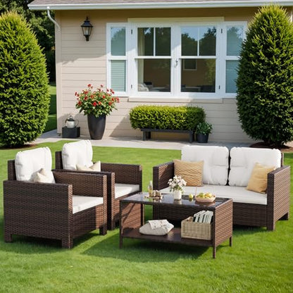 4 Pieces Patio Furniture Sets Rattan Chair Wicker Conversation Sofa Set, Outdoor Indoor Backyard Porch Garden Poolside Balcony Use (Beige)