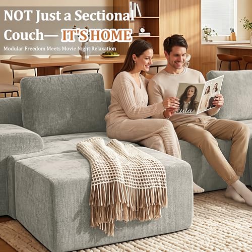 159" Oversized Boneless Couch, Comfort Cloud Sectional Couches for Living Room, Modular Sofa High Back & Extra Deep Seat, No Assembly, Soft Chenille Fabric (Light Grey, 159 inch-（4+4）)