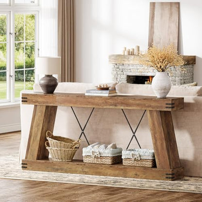 Tribesigns 70.9" Farmhouse Console Table, Long Sofa Table Behind Couch with Storage, Narrow Wooden Console Station, Industrial Rustic Entryway Furniture for Hallway, Entry, Living Room, Brown
