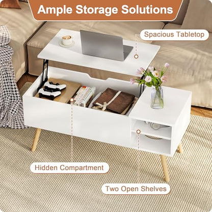 White Coffee Table Lift Top - Coffee Table with Solid Wood Legs, Hidden Storage Compartment & Open Shelves - 40" Lift Up Coffee Tables for Living Room