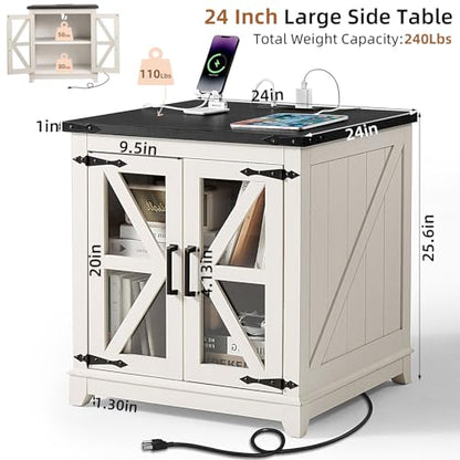 Farmhouse End Table Set of 2,24" Large Sofa Side Table with Charging Station Glass Barn Door,Wood Nightstand with Adjustable Storage Shelf,Square Bedside Table for Living Room,Bedroom,Office-White