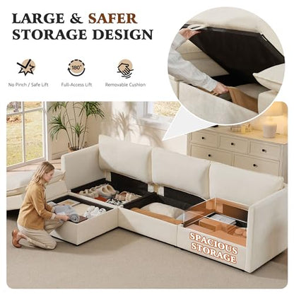 103" Modular Sectional Sofa with Storage, L Shaped Cloud Couch with Movable Ottomans & 4 Pillows, Chenille Deep Seat Sectional Couches for Living Room, Apartment (Beige)