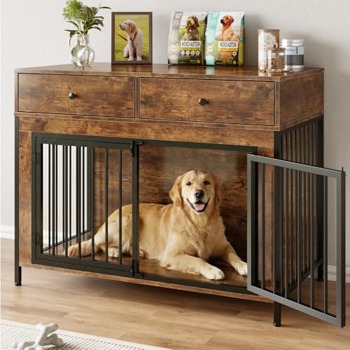 Large Dog Crate Furniture with 2 Drawers, 44 Inch Wooden Dog Kennel Indoor, view 2