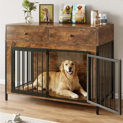 Large Dog Crate Furniture with 2 Drawers, 44 Inch Wooden Dog Kennel Indoor, view 2