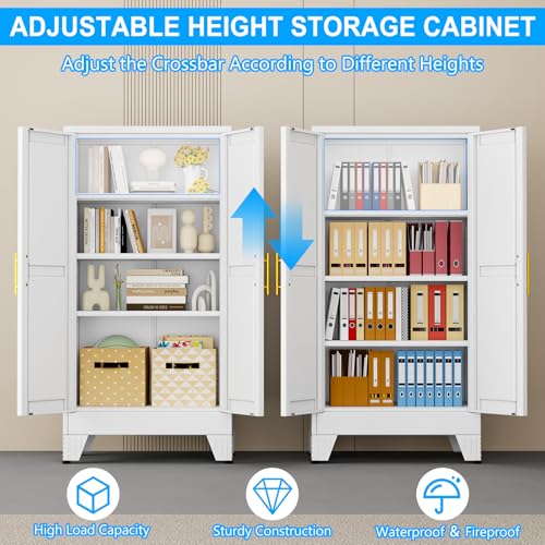 47.25" Metal Garage Storage Cabinet, Heavy Duty Steel Tool Cabinet with 2 Doors & 3 Adjustable Shelves, Freestanding Organizer Cabinet for Garage Home Office Basement (White)