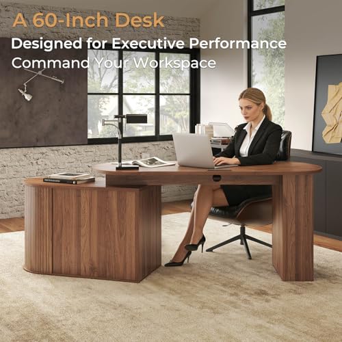 Office L Shaped Computer Desk with Storage Cabinet, Reversible Corner L Desks with Keyboard Tray and Open Shelf, Home Office Executive Desk with Power Outlet for Study Workstation, Walnut 60 Inch