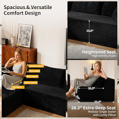 140” Oversized No Assembly Compression Boneless Cloud Sectional Couches for Living Room, L-Shape Comfy Fluffy Sleeper Sofa Bed, Modular Corduroy Reclining Memory Foam Furniture for Bedroom Home Black