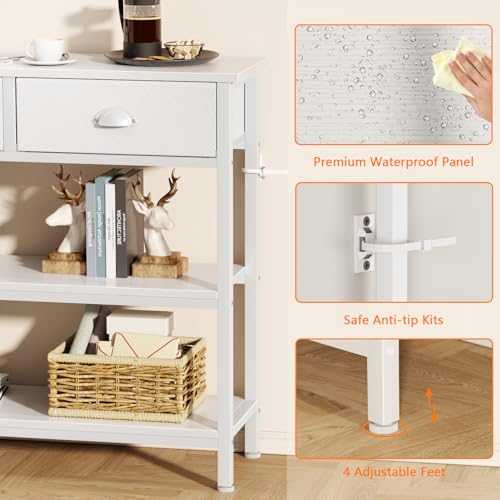 White Long 47" Console Sofa Table with 3 Drawers, Entryway Table with 3-Tier Storage Shelves, Display Shelf for Entry Way, Hallway, Couch, Living Room, Kitchen, Foyer