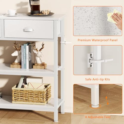 White Long 47" Console Sofa Table with 3 Drawers, Entryway Table with 3-Tier Storage Shelves, Display Shelf for Entry Way, Hallway, Couch, Living Room, Kitchen, Foyer