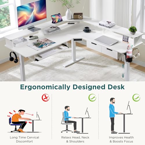 60 Inches L Shaped Electric Standing Desk, Height Adjustable Corner Gaming Desk with Drawers, Keyboard Tray, Power Outlets & LED Lights, Computer Desk with Monitor Shelf, Antique White