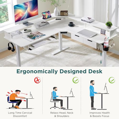60 Inches L Shaped Electric Standing Desk, Height Adjustable Corner Gaming Desk with Drawers, Keyboard Tray, Power Outlets & LED Lights, Computer Desk with Monitor Shelf, Antique White