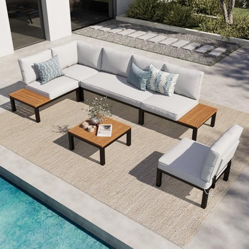 6 Pieces Patio Furniture Set, Metal Outdoor Sectional Sofa Modular Outdoor Couch, Modern Patio Conversation Set with Coffee Table for Backyard, Garden