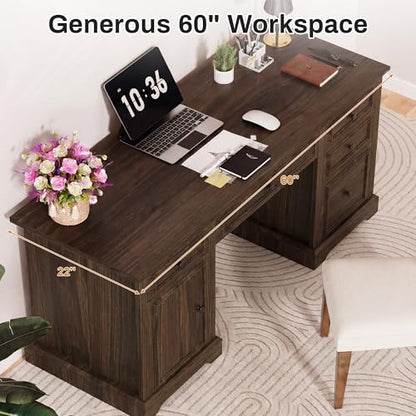 60" Farmhouse Executive Office Desk with Drawers and File Cabinet, view 5
