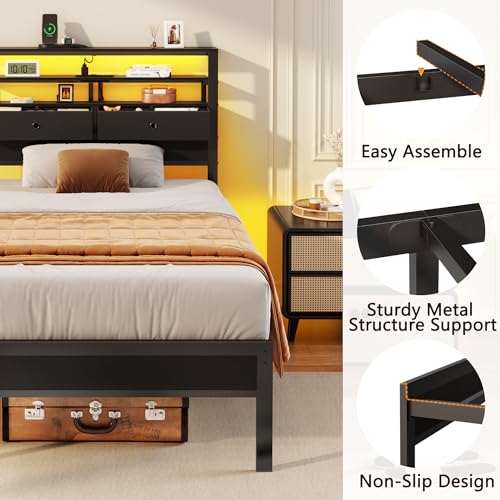 Twin Bed Frames with Charging Station and LED Lights, Black Oak, view 7