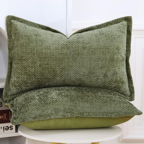 Decorative Chenille Velvet Throw Pillow Covers Set of 2 Soft Boho Textured Neutral Couch Throw Pillow for Bed Modern Farmhouse Home Decor for Sofa Livingroom Moss Green 12x20 Inch