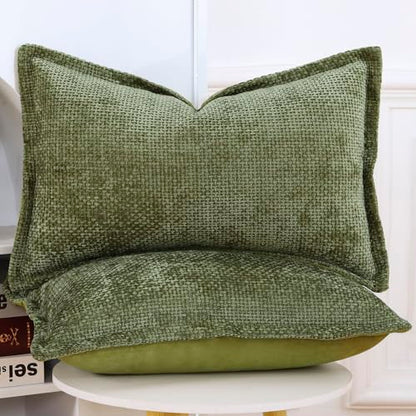 Decorative Chenille Velvet Throw Pillow Covers Set of 2 Soft Boho Textured Neutral Couch Throw Pillow for Bed Modern Farmhouse Home Decor for Sofa Livingroom Moss Green 12x20 Inch