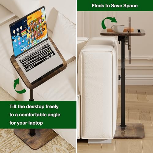 TV Tray Side Table for Couch - 360° Swivel Adjustable Height Rotating Sofa Table C Table End Table Laptop Desk with Phone & Tablet Slot, Perfect for Eating Working Reading, Fits Small Spaces