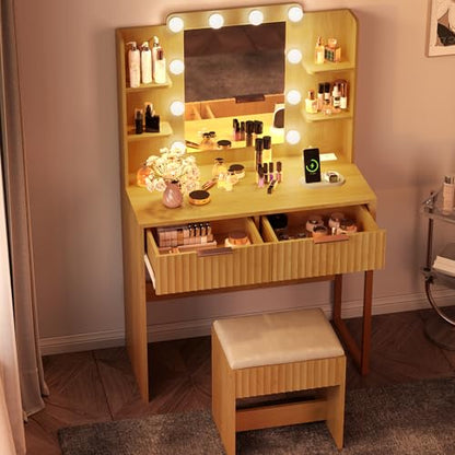 Fluted Makeup Vanity Desk with Mirror & Lights & Power Outlet, view 8
