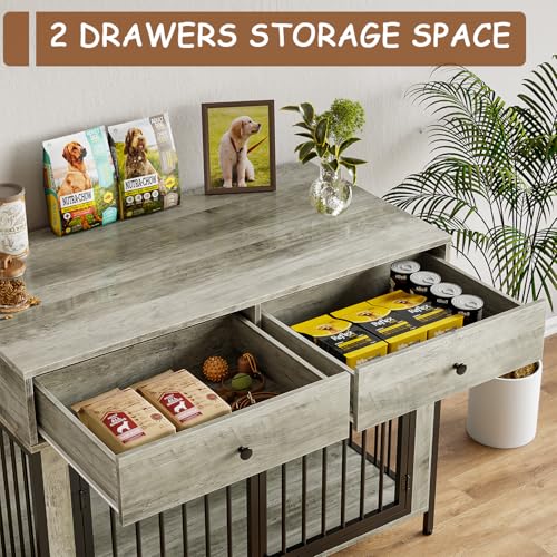 Large Dog Crate Furniture Wooden Dog Kennel Furniture with 2 Drawers, Grey, view 6