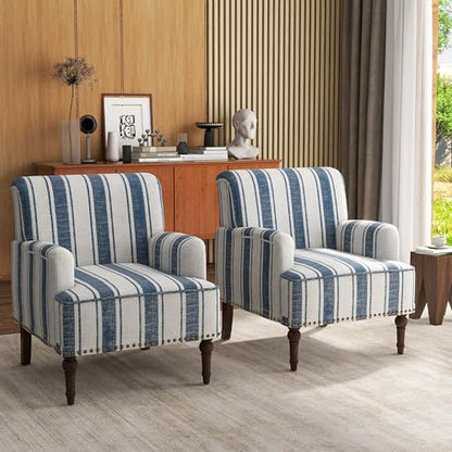 Stripe Accent Chairs Set of 2, Living Room Arm Chair Modern Nailhead Trim Club Armchair, Comfy Upholstered Sofa Lounge Seat Reading Seat Bedroom Side Seating for Home Office, Dark Blue