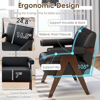 Black Leather Accent Chairs Set of 2, Mid Century Modern Accent Chair, Side Arm Chairs for Living Room, Office Guest Waiting Room Chairs (2, Black)
