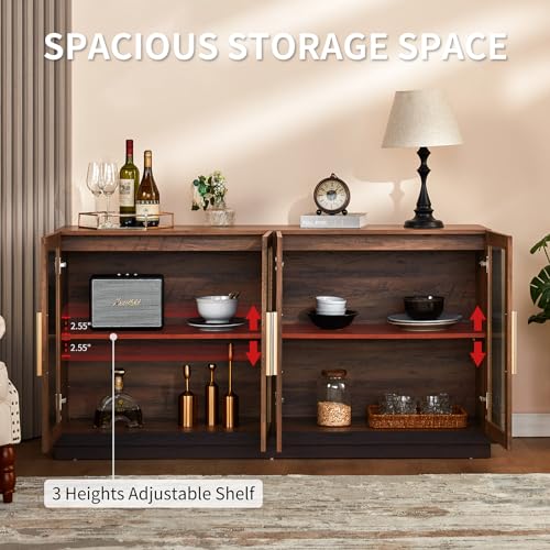 64" Sideboard Buffet Cabinet with Glass Doors & LED Lights, Brown, view 6