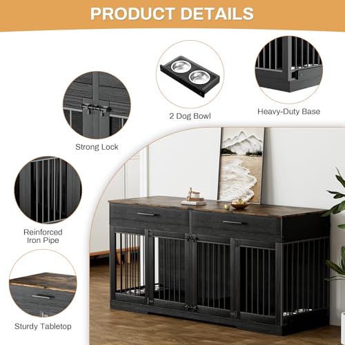 72" Double Dog Crate Furniture for Medium Large Dogs, Black, view 5