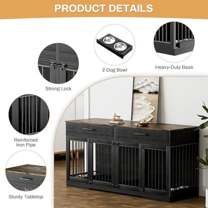 72" Double Dog Crate Furniture for Medium Large Dogs, Black, view 5