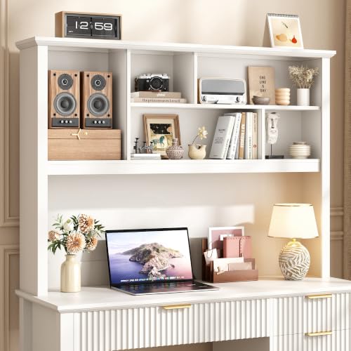 Fluted Computer Desk with Hutch and Ample File Drawer, White, view 7