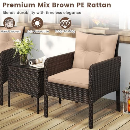 3 Pieces Patio Furniture Set, Outdoor Rattan Wicker Conversation Set with Coffee Table & Cushions, Patio Sofa Set for Garden Balcony Backyard Poolside