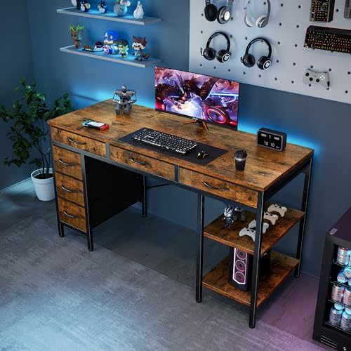 55" Computer Desk with 6 Drawers, Home Office Gaming Desks with Storage Shelves for Bedroom, Writing Study Corner Living Room Work Table Rustic Brown