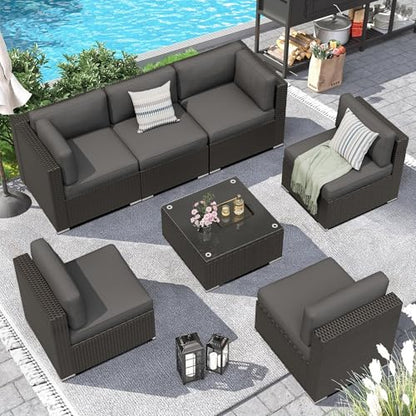 7 Pieces Outdoor Patio Furniture Set, Black Brown Wicker Patio Sectional Sofa Set, Outdoor Couch with Cushion and Tempered Glass Table, Grey