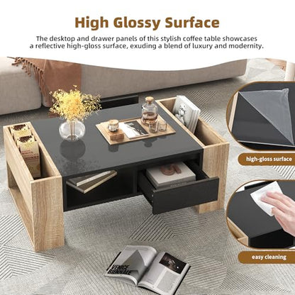 Modern Coffee Table with Storage, High Gloss Black and Natural Wood Finish, Living Room Center Table with 2 Drawers and Open Shelf, 41.3x23.6x15.7 Inches (Black Natural + Particle Board+MDF)