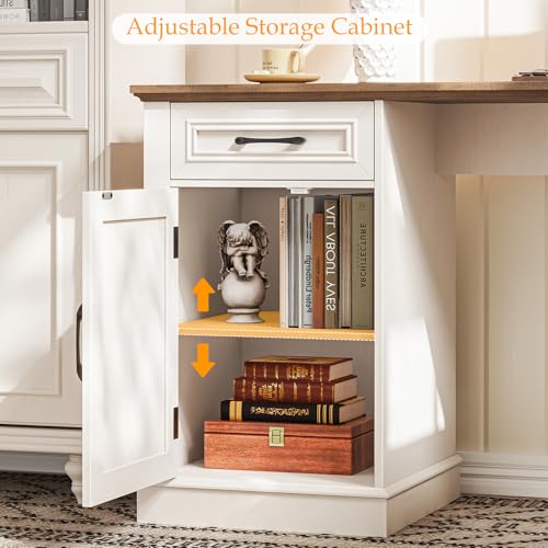 Farmhouse 59" L-Shaped Executive Desk with Drawers, Wood Home Office Corner Desk with Charging Station, File Drawer, Storage Cabinet, Rustic Computer Writing Desk for Home Office (Unique White)