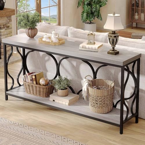Narrow extra long Sofa Console Table, 63 Inch Modern Entryway Table Behind Couch with Storage shelf, 2-Tier Industrial Wooden Metal Hallway Accent Sofa Tables for Living Room Foyer, Light Grey Oak