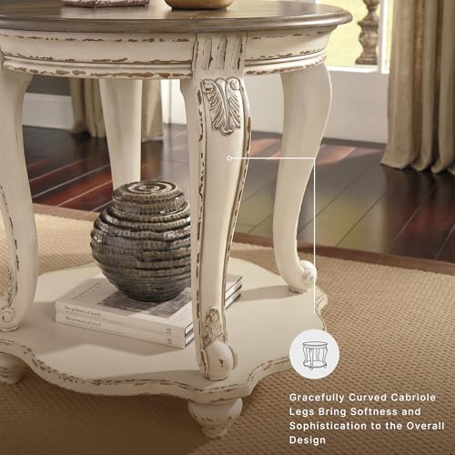 Signature Design by Ashley Realyn Round End Table, Cottage-Style Side Table with Antiqued Two-Tone Finish, Wood & Veneer Construction for Living Room or Bedroom, White/Brown