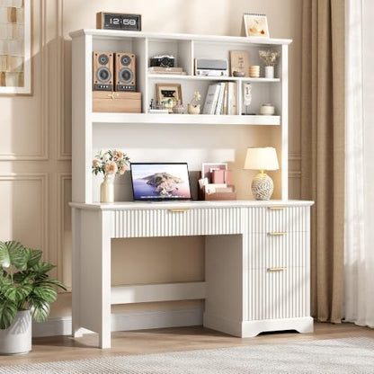 Fluted Computer Desk with Hutch and Ample File Drawer, White, view 8