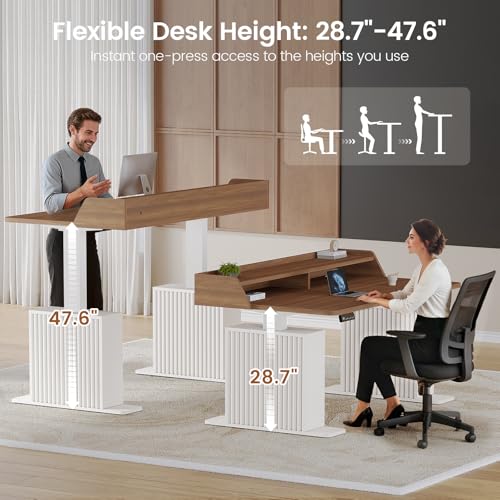 Standing Desk with Storage, 55" Fluted Stand Up Desk with Power Outlets & LED Lights, Height Adjustable Table with Monitor Shelf for Home Office, Gaming, Brown + White