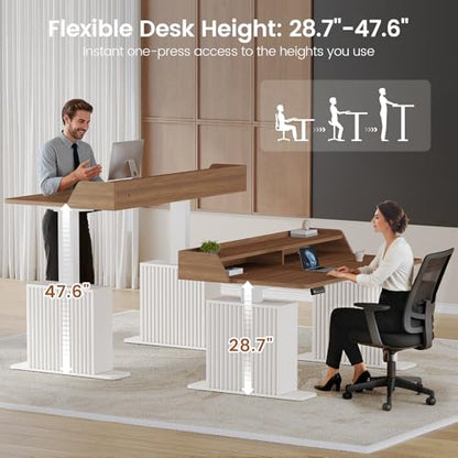 Standing Desk with Storage, 55" Fluted Stand Up Desk with Power Outlets & LED Lights, Height Adjustable Table with Monitor Shelf for Home Office, Gaming, Brown + White