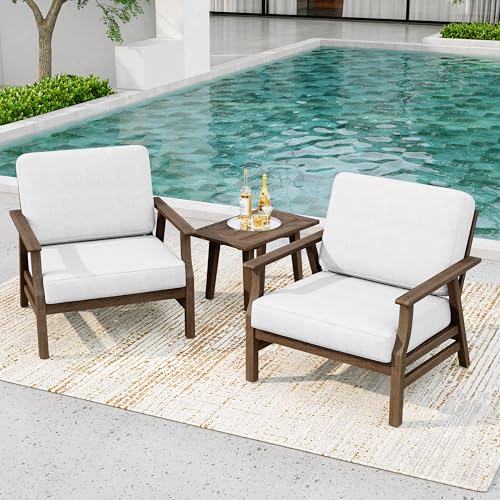 3 Piece Wood Patio Chair Outdoor Bistro Set, Outdoor Armchair All Weather Patio Sofa Furniture Backyard Conversation Sets with Wooden Side Table, Beige