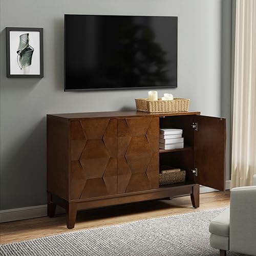 Modern Kitchen Buffet Cabinet Storage Sideboard with 3D Geometric Design, Freestanding Floor Cabinet with 3 Doors & 2 Adjustable Interior Shelves for Living Room Dining Room Hallway,Walnut
