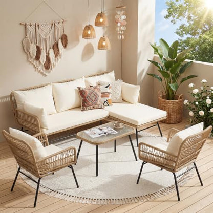 5Pcs Boho Outdoor Patio Furniture Set, High Back L-Shaped Outdoor Couch with Side Table, 500lbs Sturdy Comfy Wicker Sectional Sofa for Garden Balcony Deck Porch or Backyard, Beige