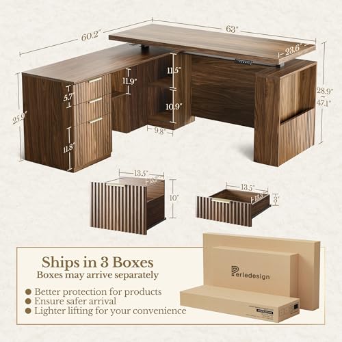 63 Inches L Shaped Standing Desk, Executive Electric Adjustable Desk with Storage Drawers and File Cabinet, AC/USB, 1.18" Thiken Desktop and Privacy Panel for Home Office, Black Walnut