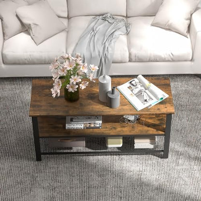 Small TV Stand for TVs up to 50 Inch, 3-Tier TV Console Table with Power Outlets, USB Ports, Storage Shelves, Industrial Media Entertainment Center for Living Room (Rustic Brown, 43.5”L)